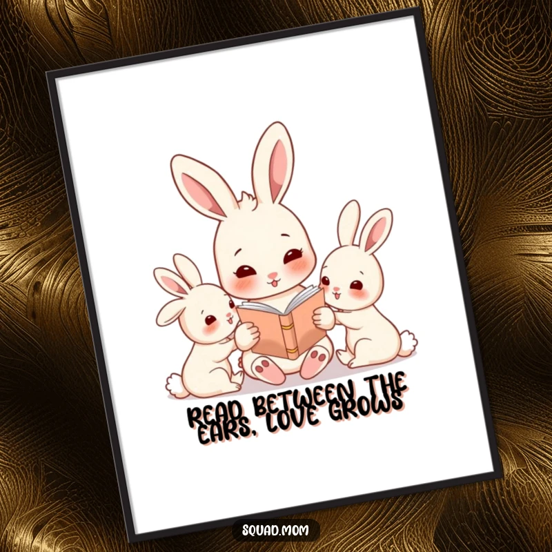 Funny Free Printable Wall Art: A rabbit mom reading a book to her attentive babies, heartwarming and humorous downloadable art.