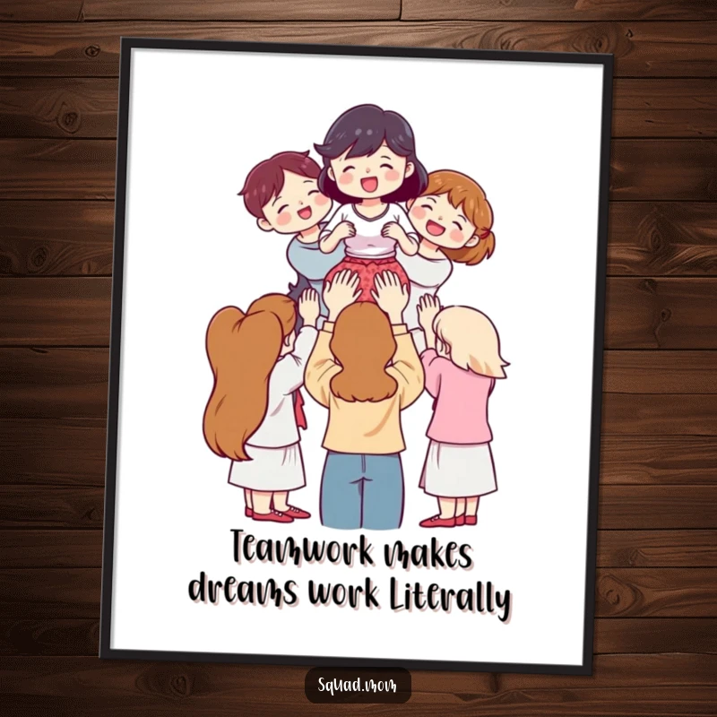 Funny Free Printable Wall Art: Group of women lifting one woman, symbol of support, empowering, humorous, downloadable art.