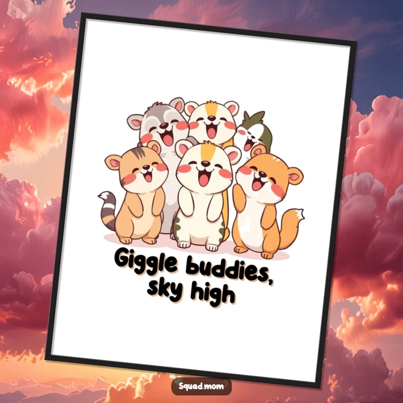 Funny Free Printable Wall Art: A group of joyful animal friends giggling and pointing upwards in unison.