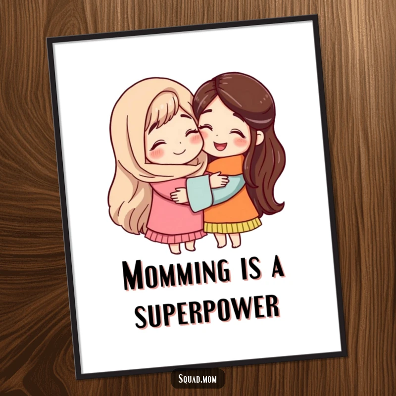 Free Printable Wall Art showing two mom friends in a tender hug, symbolizing friendship and the joys of motherhood.