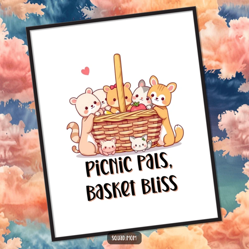Free Printable Wall Art: A group of cute animal friends sharing a giant picnic basket in a sunny meadow.
