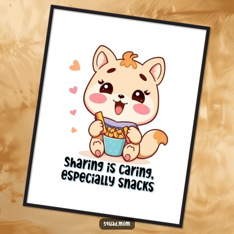 Funny Free Printable Wall Art: A Kawaii mom animal character beams while enthusiastically offering a delightful assortment of snacks to everyone.
