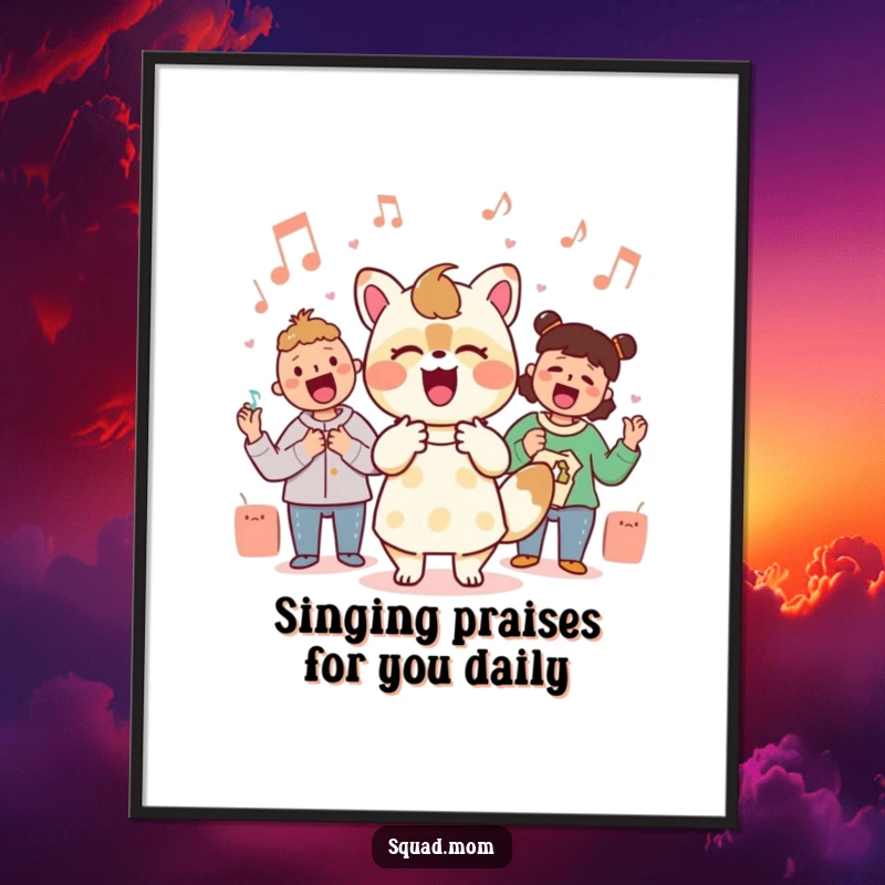 Funny Free Printable Wall Art: A Kawaii mom animal character is animatedly singing along to music, radiating pure joy and energy.