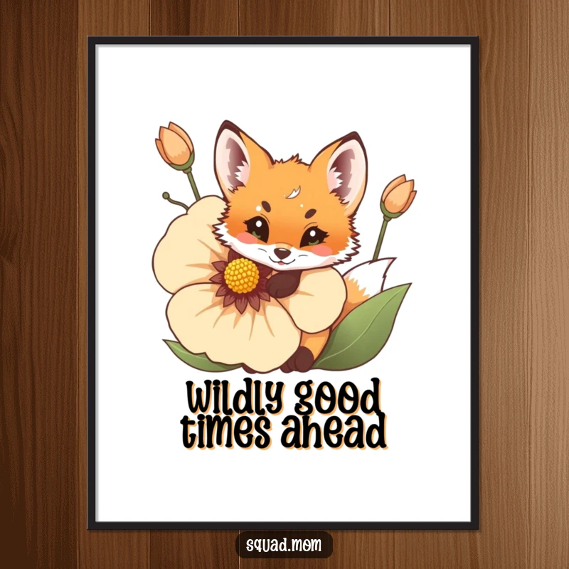 Funny Free Printable Wall Art featuring a cute fox cub playfully peeking from behind a huge, beautiful flower.