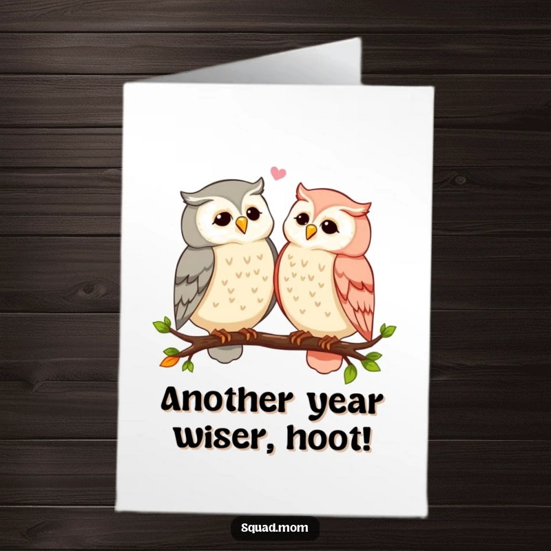 Funny Free Printable Birthday Card: Two owl moms share gossip on a branch, wise and humorous downloadable art.
