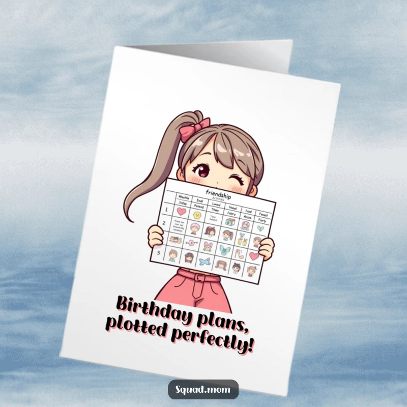 Funny Free Printable Birthday Card: Woman proudly displaying a chart of friendship activities. A fun, print-at-home greeting.