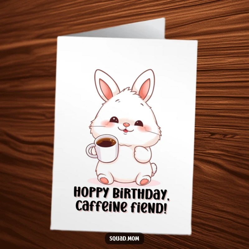 Funny Free Printable Birthday card with a fluffy bunny wiggling its nose while holding a tiny coffee cup.