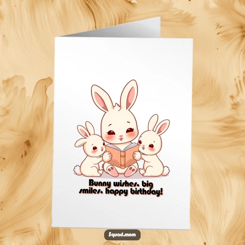 Funny Free Printable Birthday Card: Rabbit mom with babies, reading a story, sweet and humorous, print at home gift.