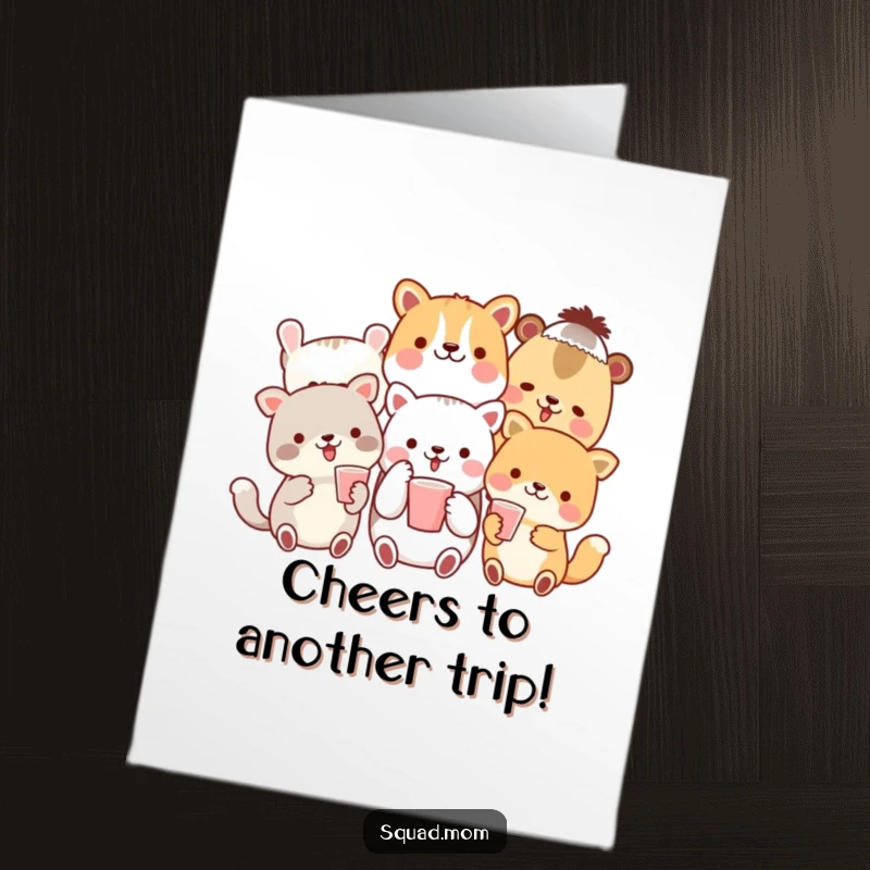 Funny Free Printable Birthday Card featuring happy animals raising tiny cups in a cheerful toast.