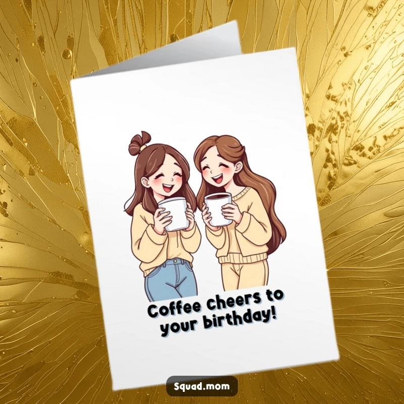 Funny free printable birthday card: Women holding oversized coffee cups, caught mid-laugh in a moment of pure friendship.