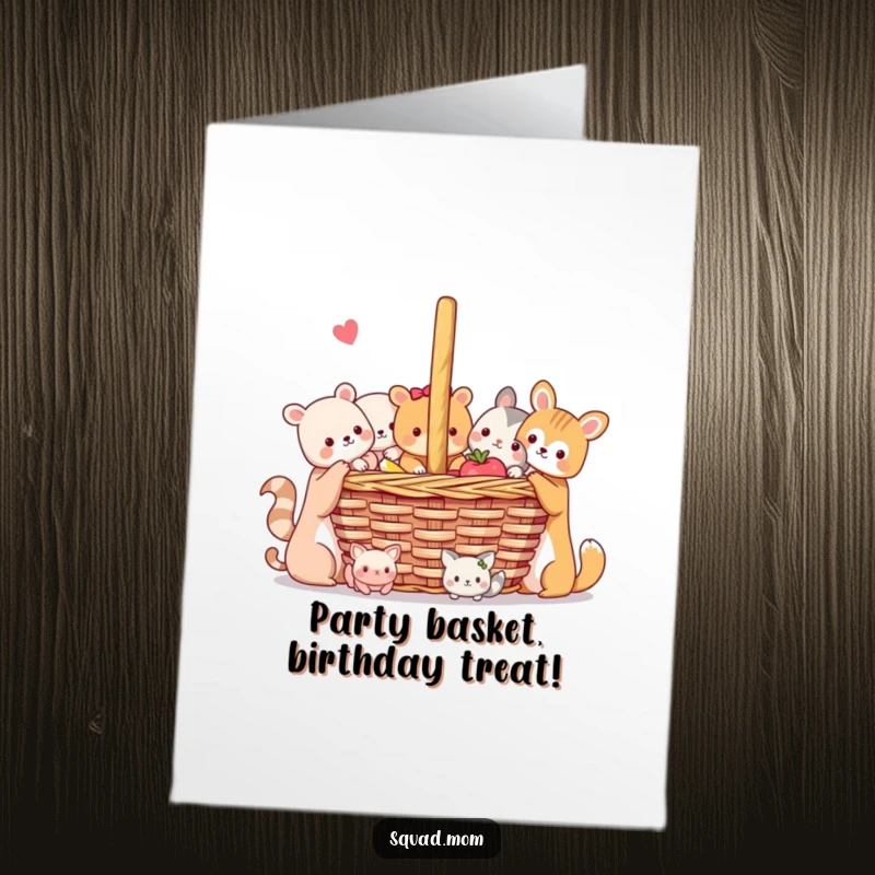 Free Printable Birthday Card: Cute animal friends happily sharing food from a giant picnic basket outdoors.