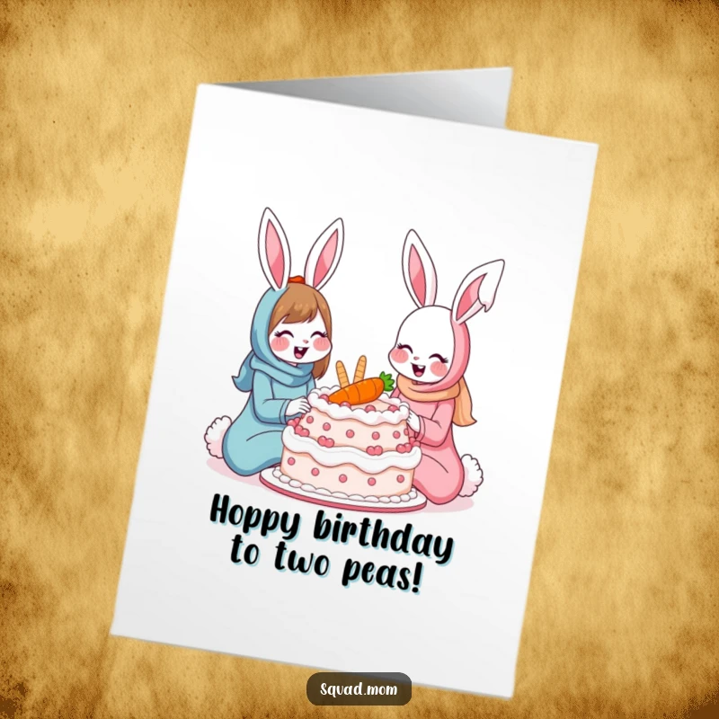 Funny Free Printable Birthday Card: Two smiling bunny moms joyfully sharing a giant carrot cake, celebrating together.