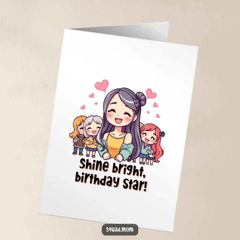Funny Free Printable Birthday Card: Woman with huge smile beams among happy friends, celebrating, festive, printable greeting.