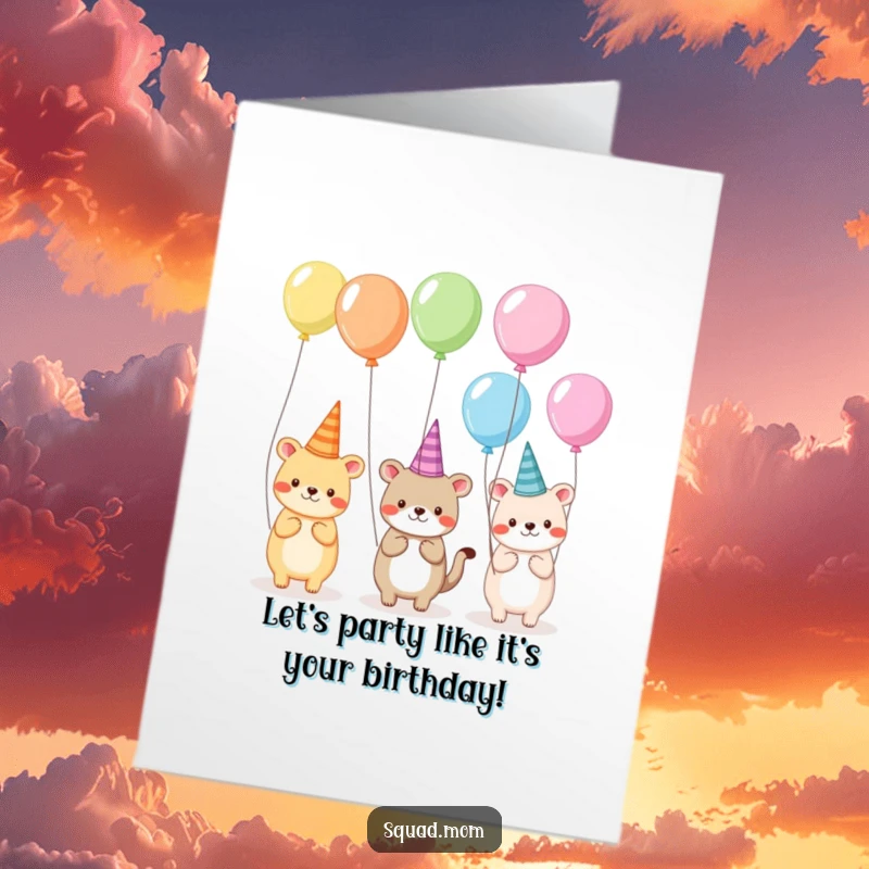 Free Printable Birthday Card: Animals in silly hats holding balloons, ready for a hilarious party, a festive, downloadable DIY gift.