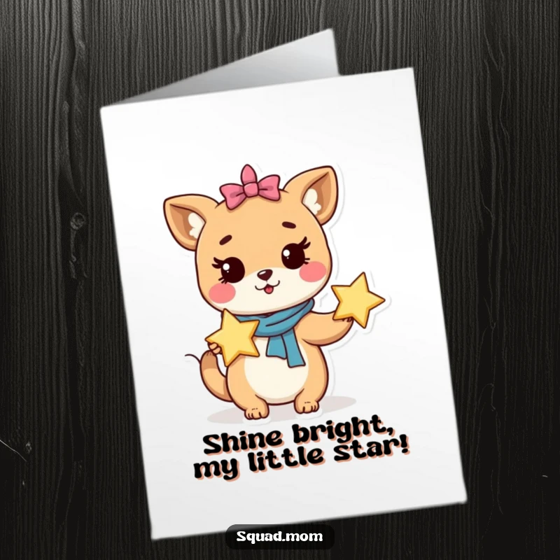 Funny Free Printable Birthday Card: Whimsical animal mom character gently holding a shining star, embodying loving wishes.