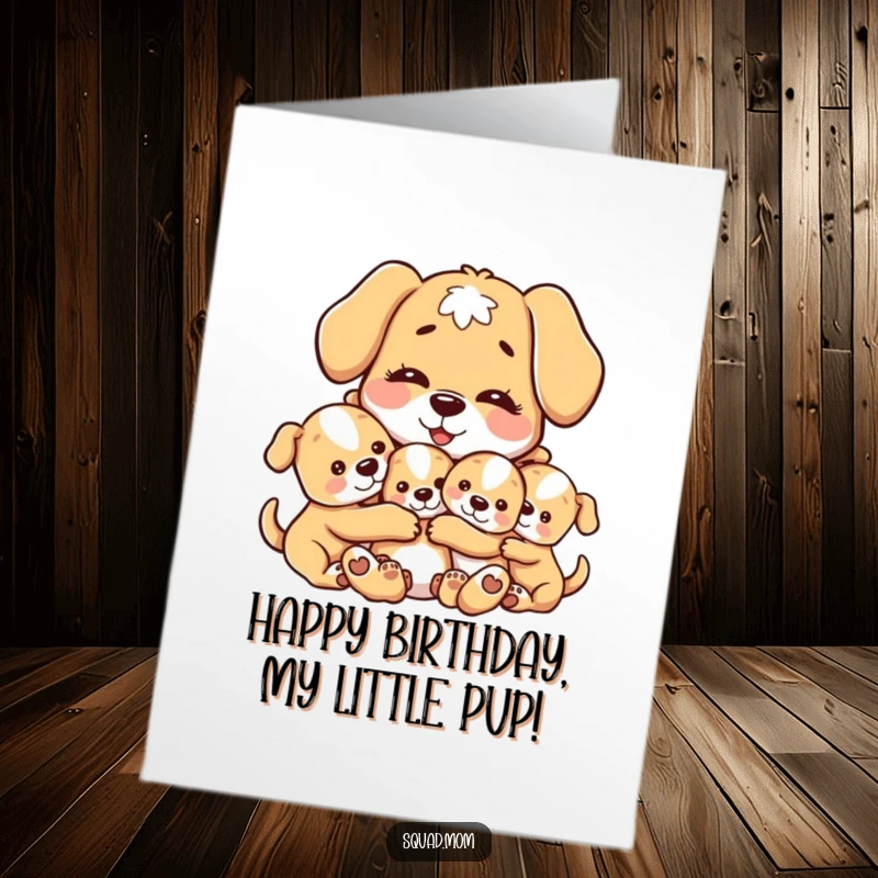 Free Printable Birthday Card: A gentle motherly dog character embracing her puppies with a loving smile, conveying warmth and affection, a sweet DIY gift.
