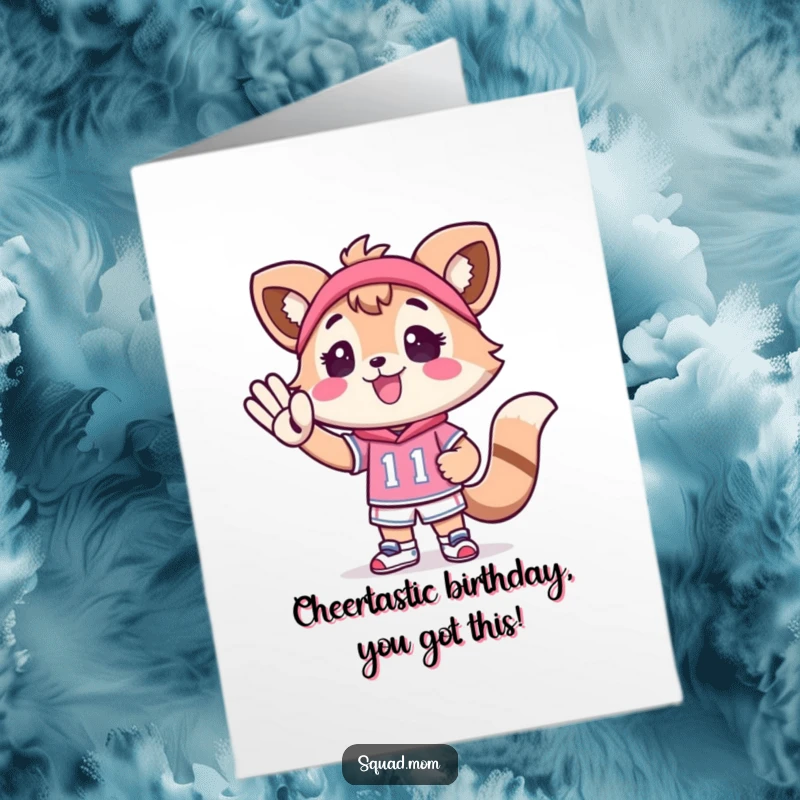 Funny Free Printable Birthday Card: A Kawaii mom animal character enthusiastically cheers for a tiny athlete, celebrating birthdays with spirit.