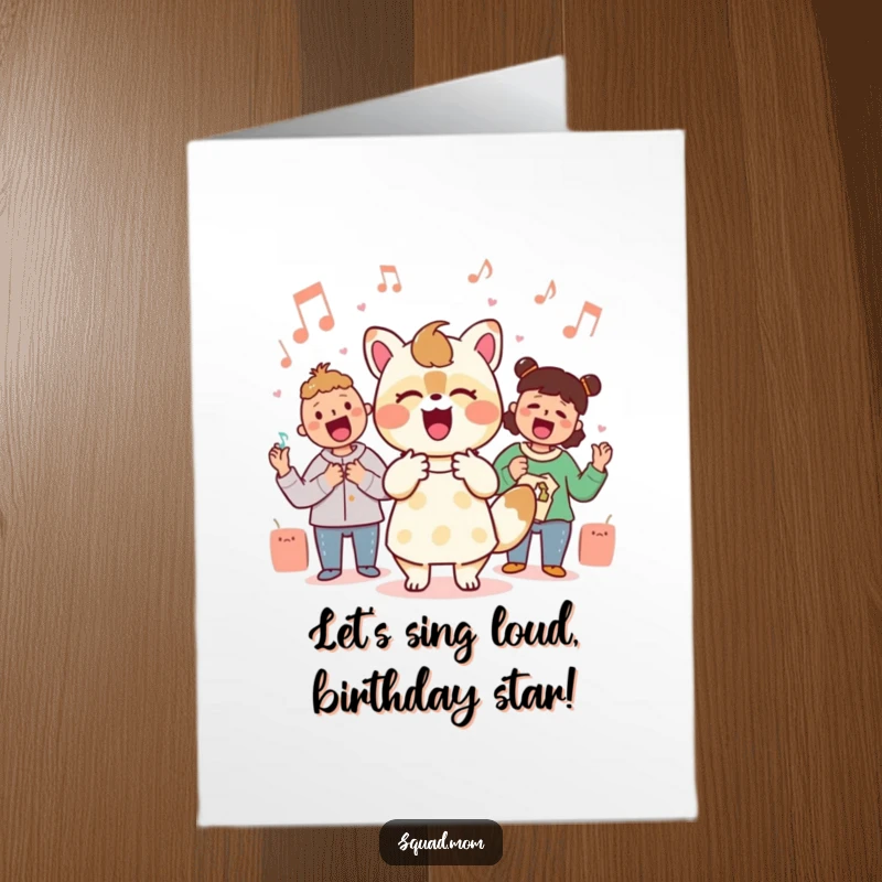 Funny Free Printable Birthday Card: A Kawaii mom animal character joyfully belts out a song during an energetic and fun singalong.