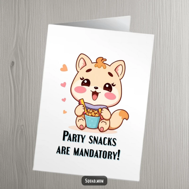 Funny Free Printable Birthday Card: A Kawaii mom animal character joyfully offers a plate overflowing with delicious snacks to celebrate.