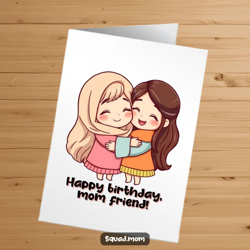 Free Printable Birthday Card showing two mom friends sharing a warm hug, celebrating a special birthday.