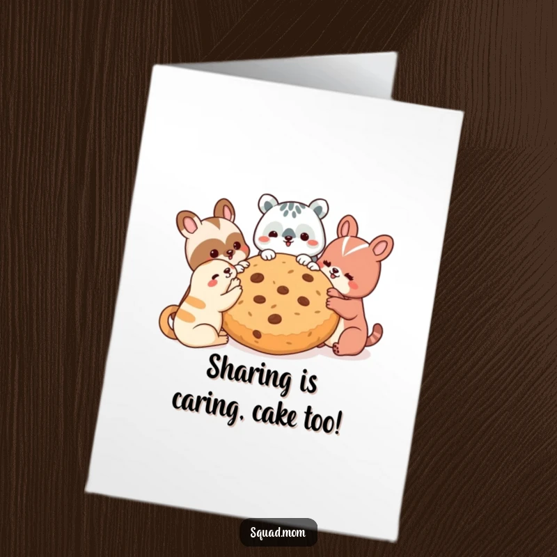 Funny Free Printable Birthday Card featuring a bear, rabbit, and fox sharing a giant cookie joyfully.