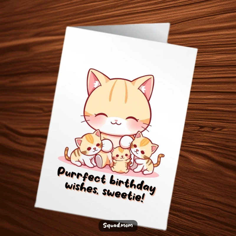 Funny Free Printable Birthday Card: Cat mom playfully batting at her energetic kittens, full of joy and humor, print at home.