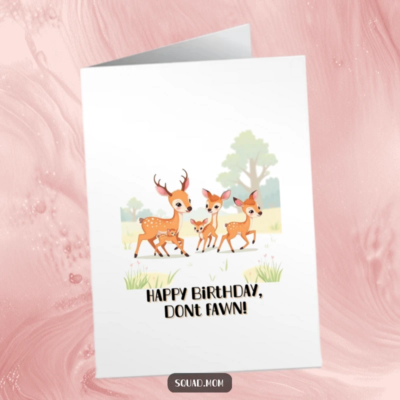 Funny Free Printable Birthday Card: Deer moms and fawns play tag in a meadow, lively and humorous downloadable art.