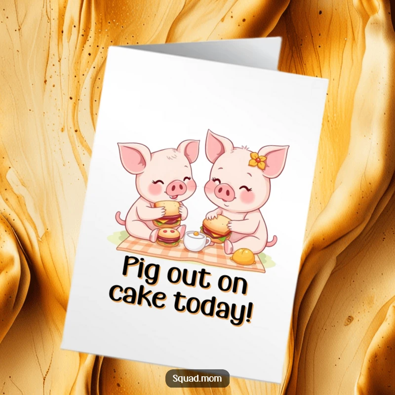 Funny Free Printable Birthday Card: Piglet mom and baby enjoying a delightful picnic with tiny sandwiches, a sweet celebration.
