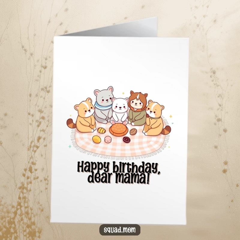 Funny free printable birthday card featuring a group of cute animal moms sharing a giant picnic blanket with food.