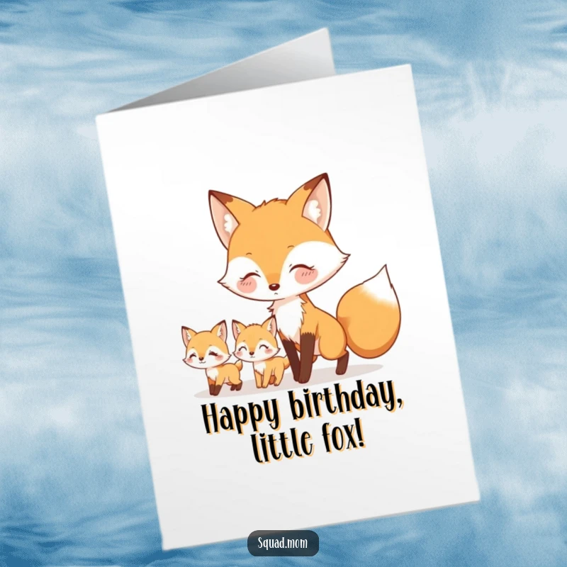 Free Printable Birthday Card: A friendly fox mom character leads her two little kits, embarking on a birthday adventure together.
