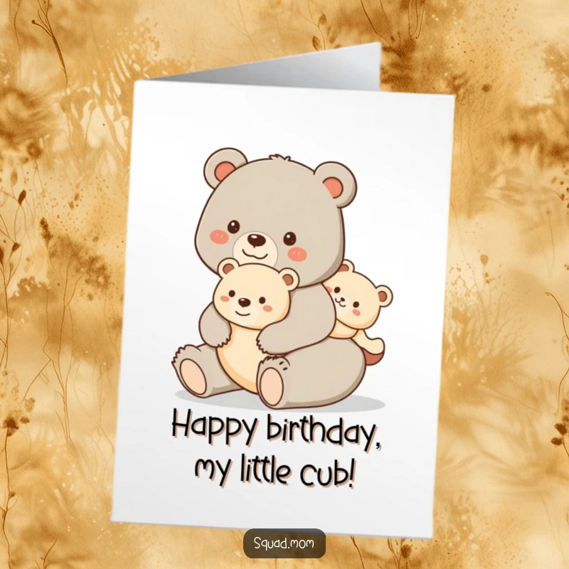 Funny Free Printable Birthday Card: Happy bear mom gives her cub a fun piggyback ride, celebrating a birthday with joy.