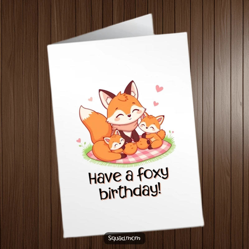 Funny Free Printable birthday card: A happy fox mom shares a picnic blanket with her adorable kits, celebrating a special birthday together.