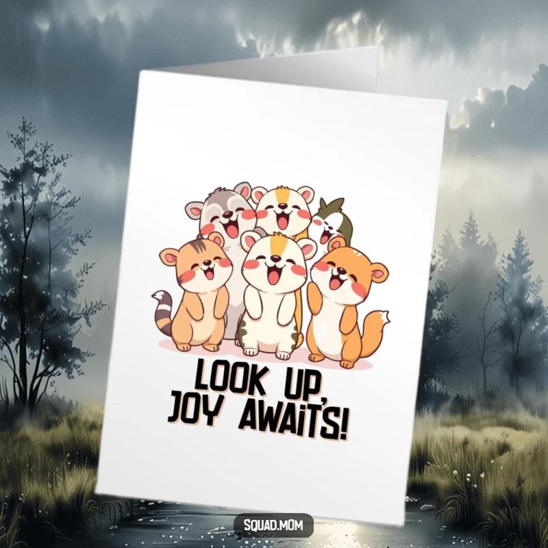 Funny Free Printable Birthday Card: A group of animal friends giggling and pointing upwards in shared amusement.