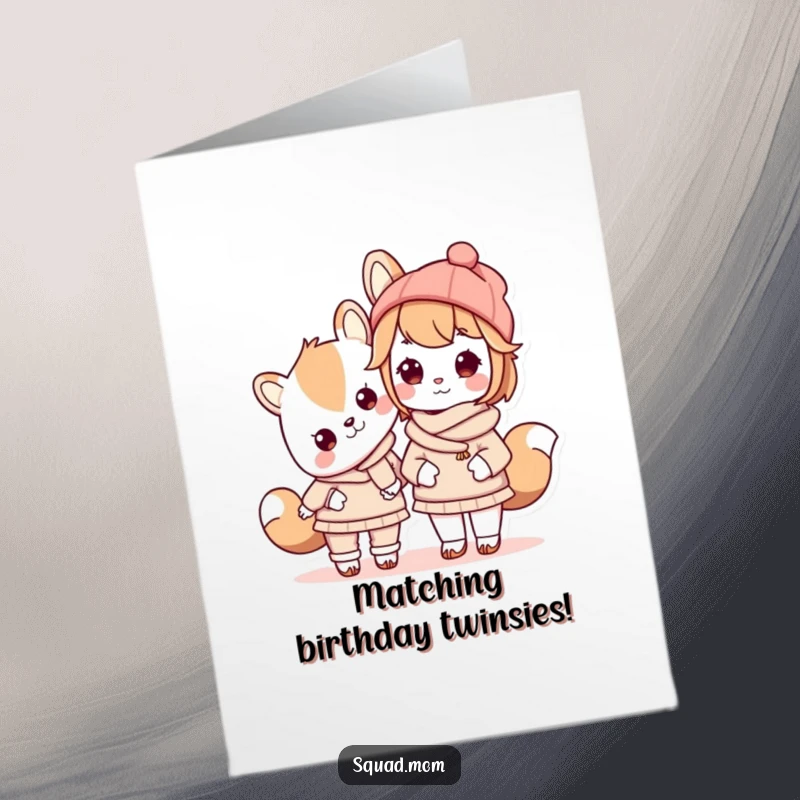 Funny Free Printable Birthday Card: A Kawaii mom animal character and her child wear adorable matching outfits, celebrating together.