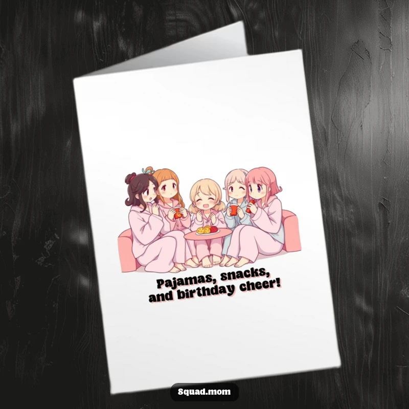 Funny Free Printable Birthday Card: Women in comfy pajamas sharing snacks, giggling with joy. A perfect print-at-home greeting.