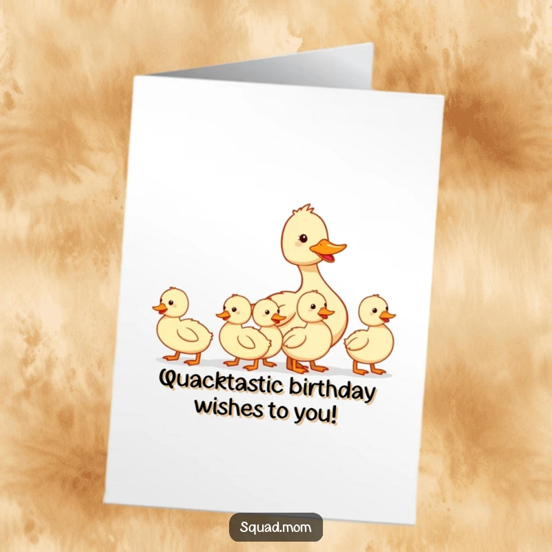Funny Free Printable Birthday Card: Mother duck joyfully leads her ducklings in a cute parade, a heartwarming DIY gift.