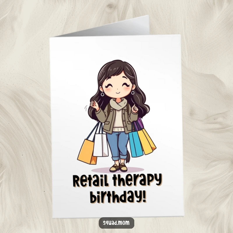 Funny free printable birthday card featuring a mom friend loaded with shopping bags, celebrating her retail prowess.