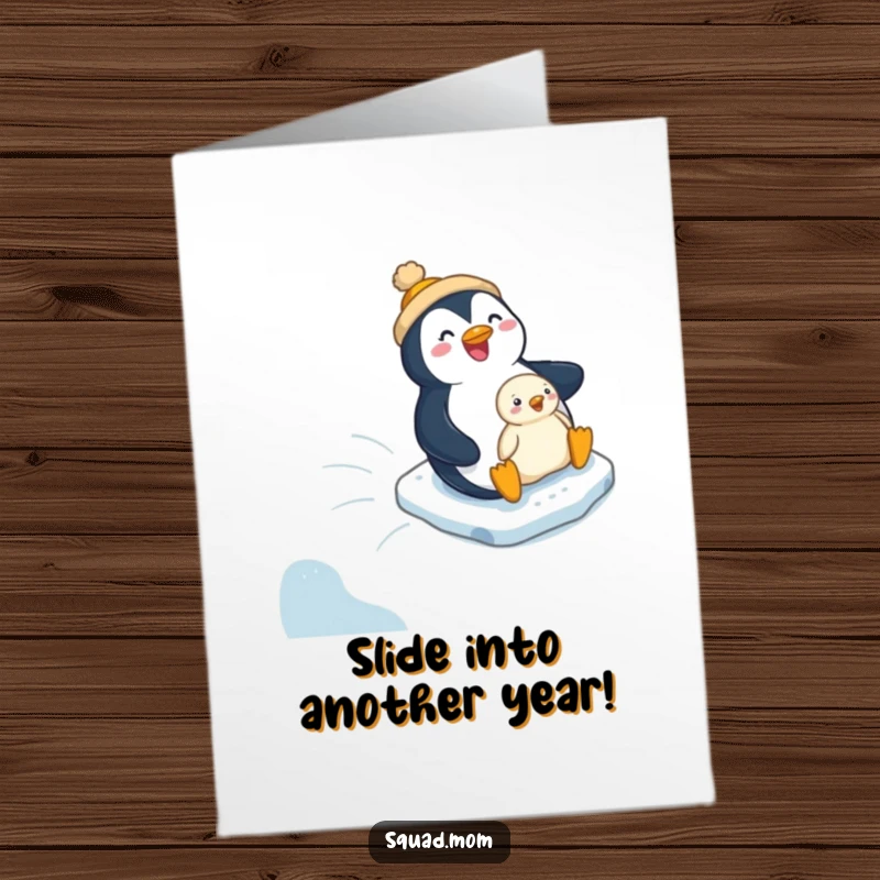 Funny Free Printable Birthday Card: Jolly Penguin Mom slides downhill with her chick, radiating pure joy and winter fun.