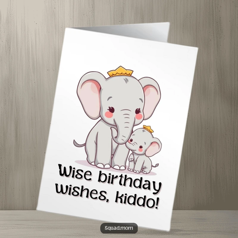 Funny Free Printable Birthday Card: Wise elephant mom gently offering advice to her calf, a heartwarming and humorous birthday message.