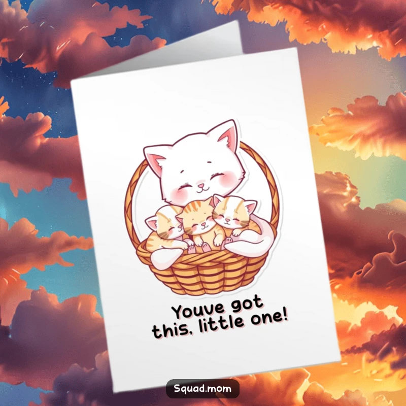 Free Printable Congratulations Card: A tender mama cat embracing her playful kittens in a cozy basket, sweet and loving, downloadable.