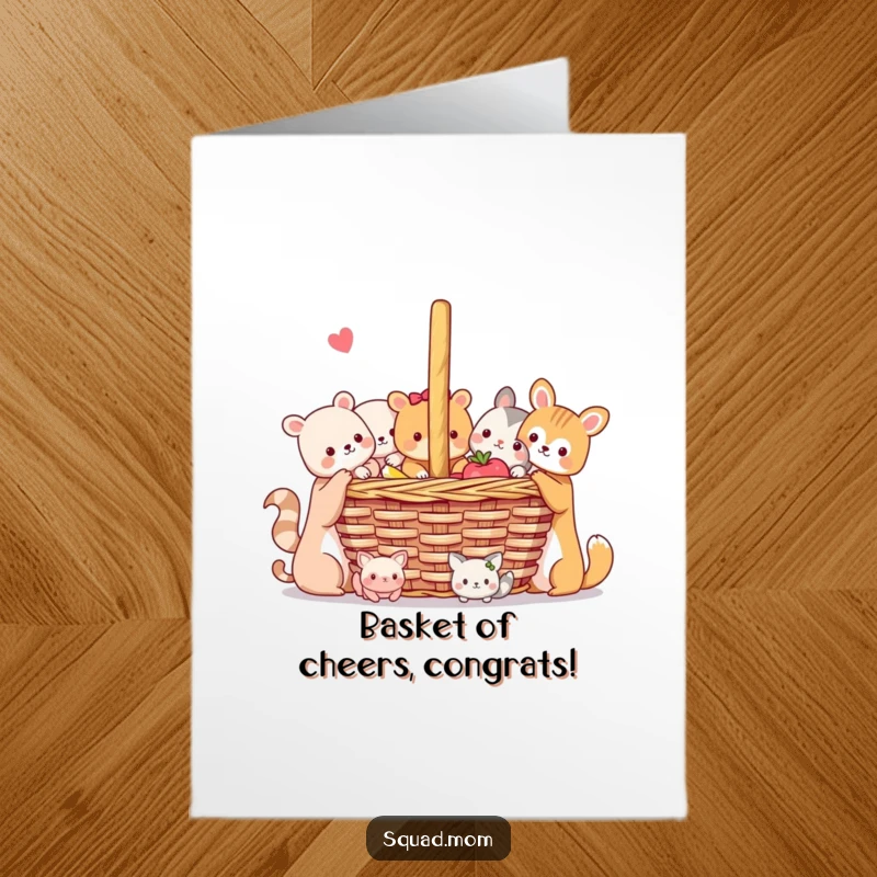Free Printable Congrats Card: Adorable animal friends sharing a giant picnic basket, celebrating together.