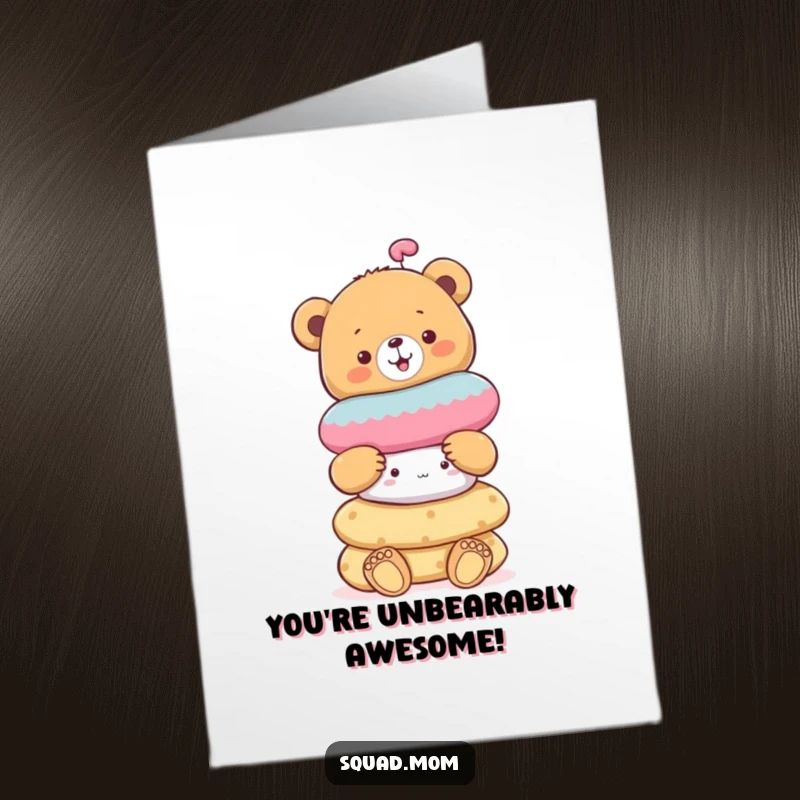Free Printable Congratulations card with a cheerful bear cub balancing a stack of soft toys, celebrating achievement.