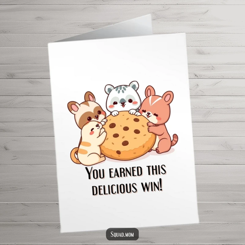 Funny Free Printable Congratulations Card with cute animals sharing a giant cookie, celebrating success together.