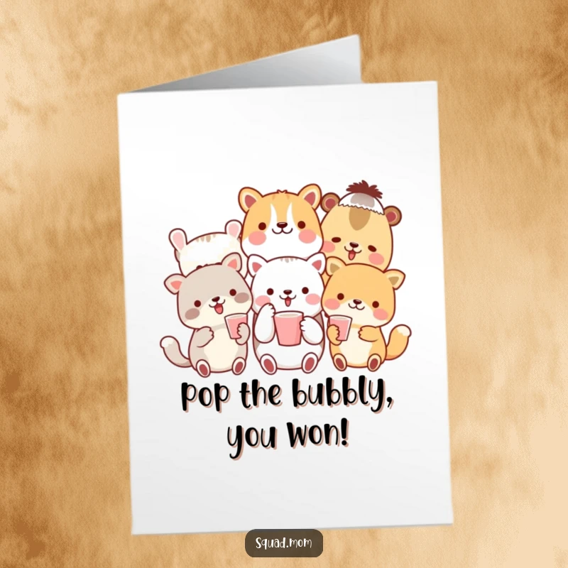 Funny Free Printable Congratulations Card showing a group of smiling animals toasting with small cups.