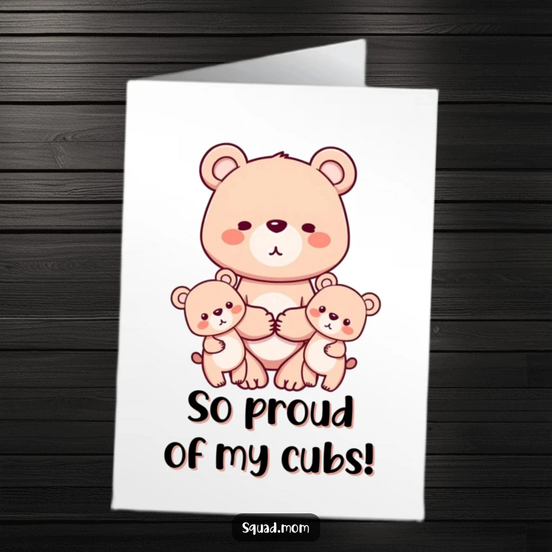 Free Printable Congratulations Card: A tender bear mom character with two cubs holding hands, celebrating a wonderful accomplishment with smiles.