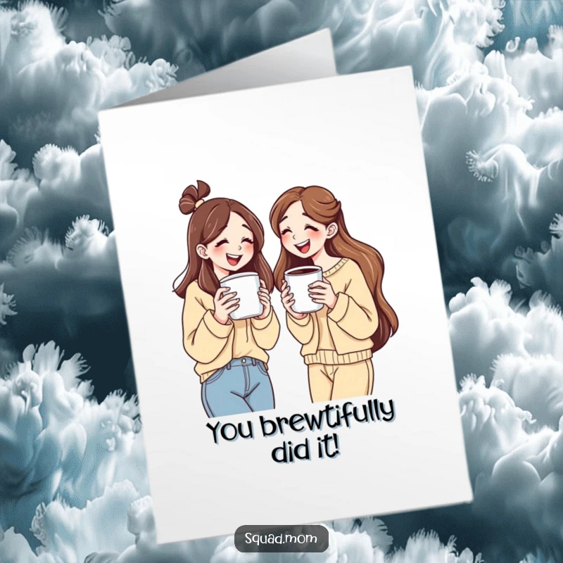 Funny free printable congratulations card: Women holding huge coffee cups, sharing a hearty laugh to celebrate a major achievement.