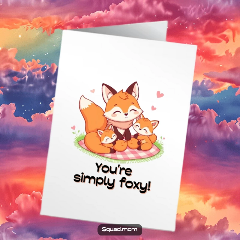 Funny Free Printable congratulations card: A happy fox mom and her cute kits enjoy a picnic, celebrating success with joyous togetherness.