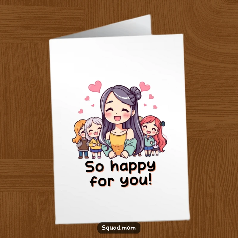 Funny Free Printable Congrats Card: Woman with beaming smile surrounded by joyful friends, celebrating success, printable greeting.