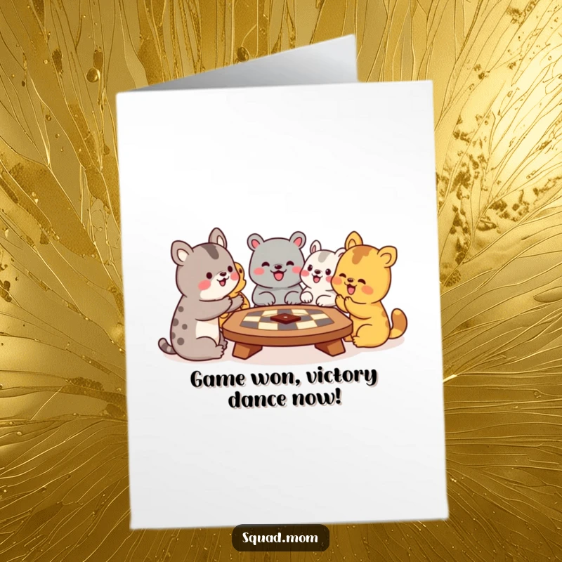 Funny Free Printable Congratulations Card: Animals cheering wildly around a board game, celebrating a big win with a hilarious, downloadable design.