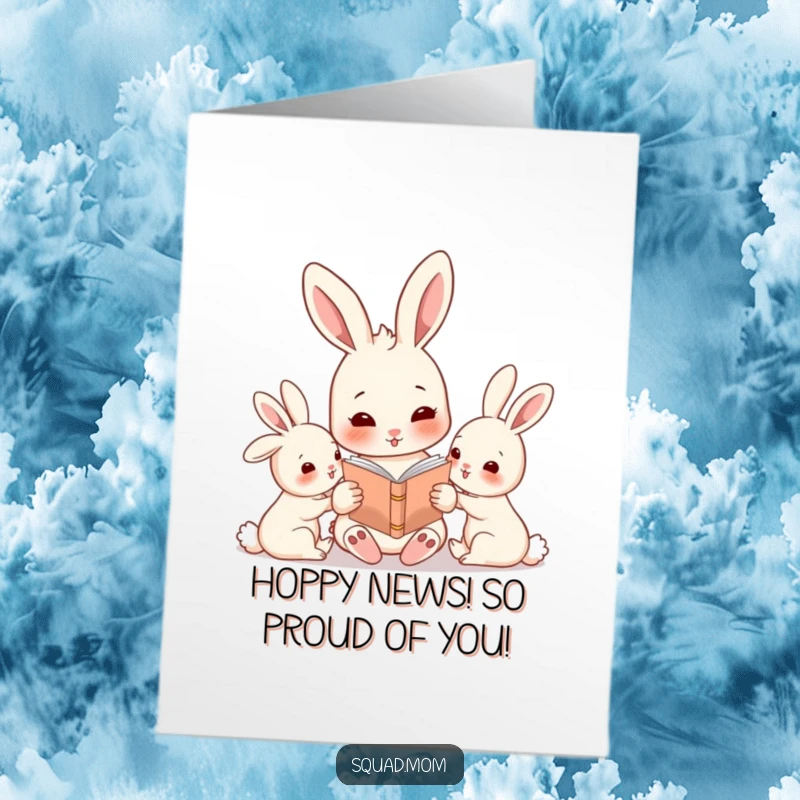 Free Printable Congratulations Card: Rabbit mom reading to babies, conveying warmth and humor, downloadable and print at home.